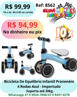 Bicicleta De Equilíbrio Infantil Praneném 4 Rodas Azul - Importudo