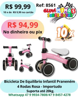 Bicicleta De Equilíbrio Infantil Praneném 4 Rodas Rosa - Importudo