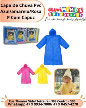 Capa De Chuva  Infantil Pvc Azul/amarelo/Rosa  P Com Capuz