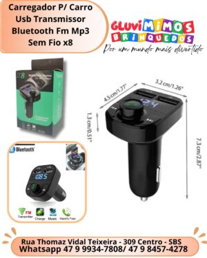 Carregador P/ Carro Usb Transmissor Bluetooth Fm Mp3 Sem Fio x8