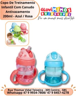 Copo De Treinamento Infantil Com Canudo Antivazamento 200ml - Azul / Rosa