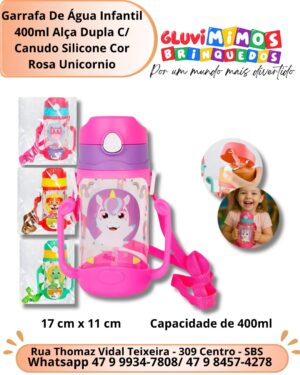 Garrafa De Água Infantil 400ml Alça Dupla C/ Canudo Silicone Cor Rosa Unicórnio