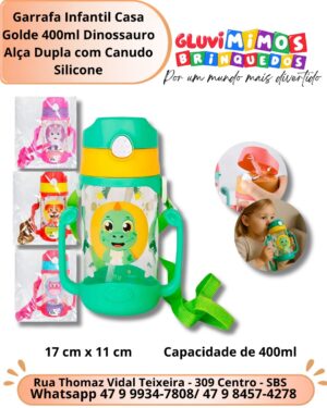 Garrafa Infantil Casa Golde 400ml Dinossauro Alça Dupla com Canudo Silicone