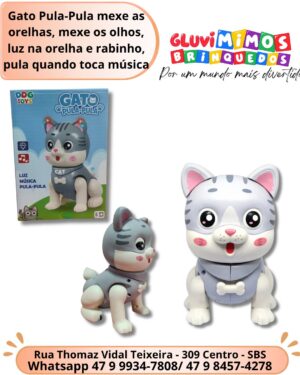 Gato Pula-Pula mexe as orelhas, mexe os olhos, luz na orelha e rabinho, pula quando toca música