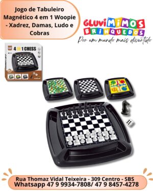 Jogo de Tabuleiro Magnético 4 em 1 Woopie - Xadrez, Damas, Ludo e Cobras